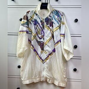 FOZY NY VINTAGE bomber cream purple 80s/90s Retro Windbreaker Track Jacket Zip M